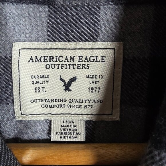American Eagle Flannel Shirt Mens Size Large nGray Black Plaid Brushed Rugged NW - Picture 11 of 11
